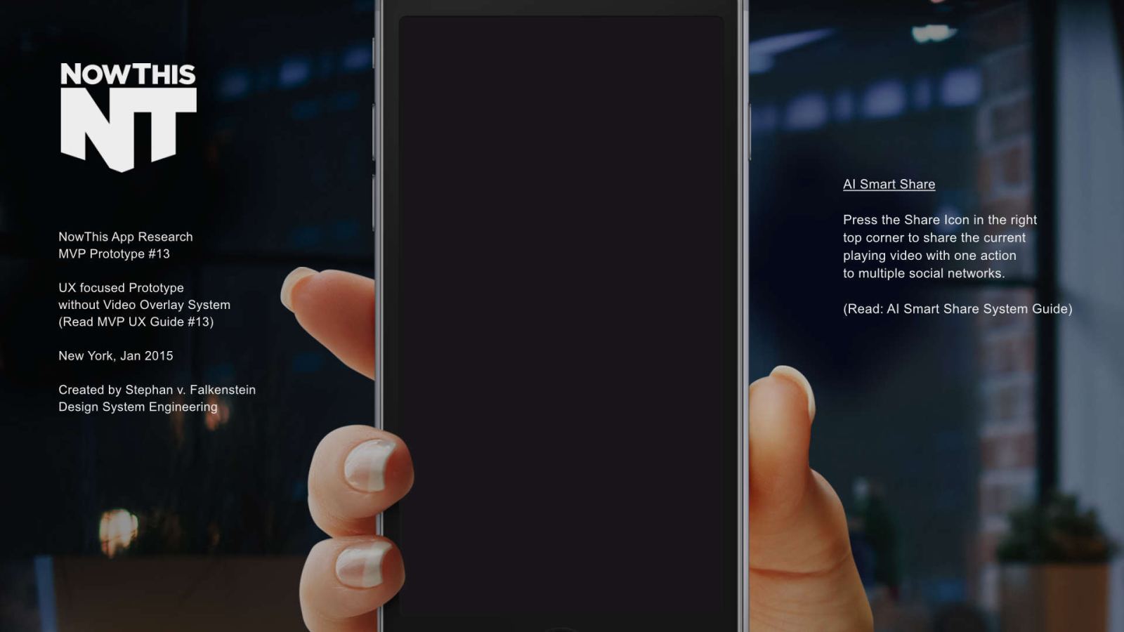 Cover of the NowThis app research prototype, a phone held in one hand.