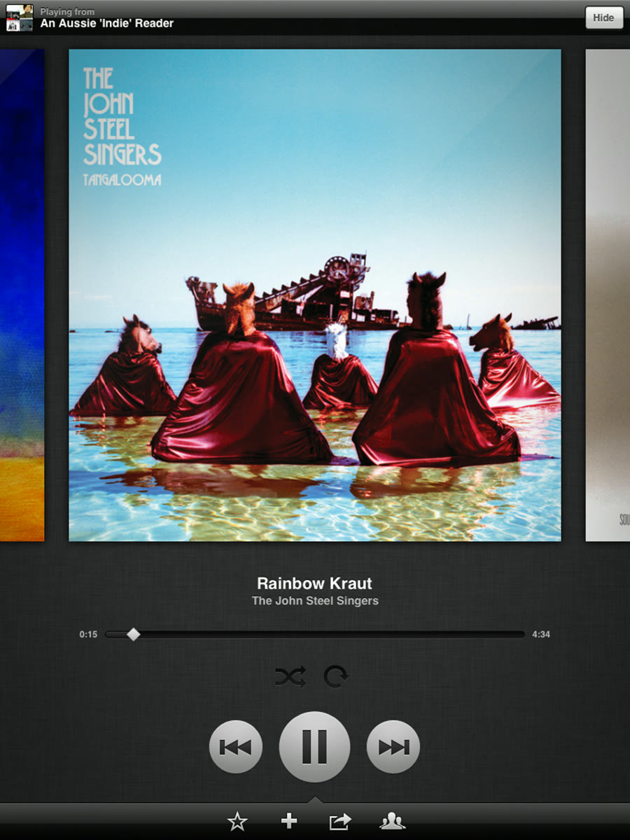 Spotify for iPad player screen: a large album cover on a dark background with playback controls underneath.