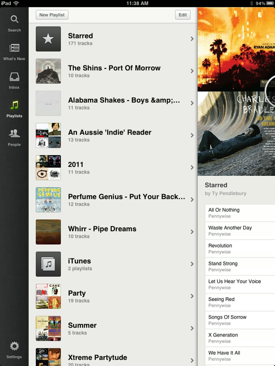 Spotify for iPad playlists screen: the dark menu rail on the left, a list of playlists, and a half panel of album art and tracks on the right.