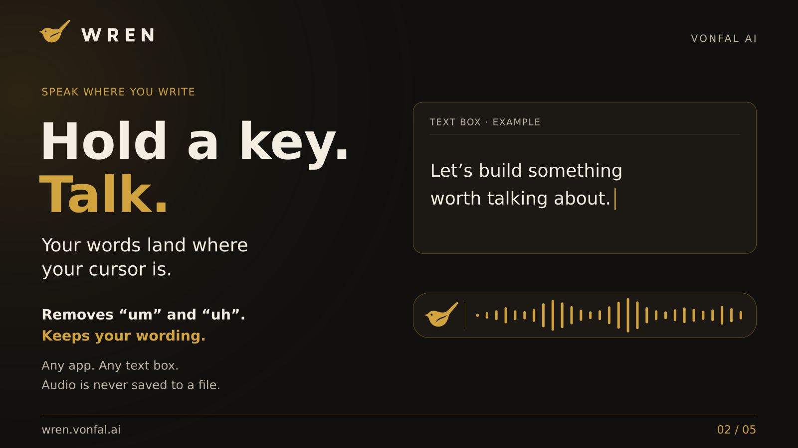 WREN slide: 'Hold a key. Talk. Your words land where your cursor is.' with a text box and a voice waveform.